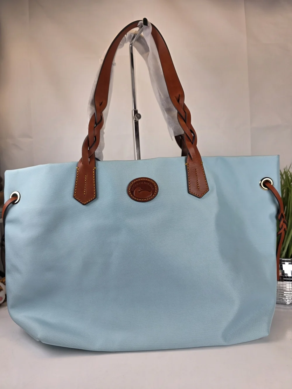 Dooney & Bourke Blue Nylon Shopper Tote Large Bag Brown Braid Leather Handles